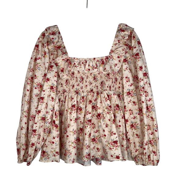 Tuckernuck Hyacinth House Addison Blouse in Cream Floral Ruffle Neck Size Medium - Picture 4 of 11